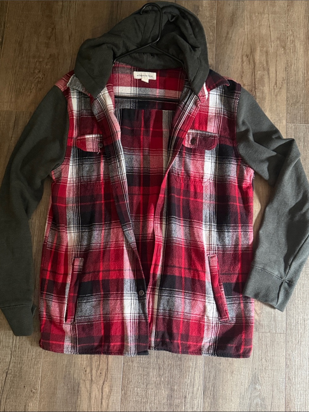 Aeropostale Red Plaid Hooded Flannel Jacket with Charcoal Sleeves